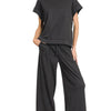 Zenana Ribbed Short Sleeve Tee and Pants Set - BLACK