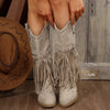 Fringe Point Toe Block Heels Boots - Beige
