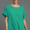 Umgee Full Size Raw Hem Ruffle Short Sleeve Blouse Plus Size - Turquoise