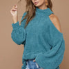 BiBi Belle Sweater Knit Open One Shoulder Turtle Neck - TEAL