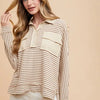 Annie Wear Striped Button Detail Long Sleeve Polo Top - Taupe combo