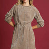Umgee Velour Drawstring Mini Dress with Long Sleeves - MOCHA