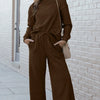 Double Take Full Size Textured Long Sleeve Top and Drawstring Pants Set - Brown