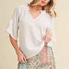 Aemi + Co Side Slit Notched Ruffled Half Sleeve Blouse - White