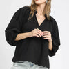 Umgee Full Size Textured Notched Balloon Sleeve Blouse Plus Size - Black