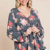 Super Lady Full Size Babydoll Floral Long Sleeve Blouse - Charcoal