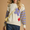 Umgee Flower Jacquard Striped Long Sleeve Sweater - Cream