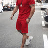 Men's Plus Size Round Neck Short Sleeve Top and Shorts Set - Red
