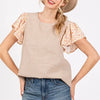 Ces Femme Round Neck Floral Short Sleeve Top - Tan