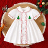Children's Christmas Tree Embroidered Ruffle Trim Dress - White