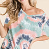 BiBi Tie Dye Print Terry V Neck Short Sleeve Top - BLUSH MULTI