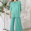 Double Take Full Size Round Neck Slit Top and Pants Set - Teal