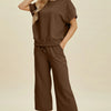 Double Take Full Size Texture Round Neck Top and Pants Set - Brown