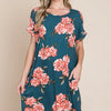 BOMBOM Floral Round Neck Short Tee Dress with Pockets - French Blue