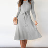 Round Neck Long Sleeve Tie Waist Sweater Dress - Light Gray