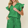 Double Take Full Size Texture Flounce Sleeve Top and Drawstring Shorts Set - Mid Green