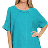 Zenana Washed Double Gauze Exposed Seam Short Sleeve Top - LT TEAL