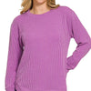 Zenana Full Size Raised Rib Round Neck Long Sleeve Top Plus Size - LT PLUM
