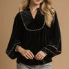 Umgee Velvet Long Sleeve Blouse with Contrast Trim - Black