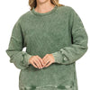 Zenana Full Size Acid Washed Double Ribbed Hi-low Sweatshirt Plus Size - DK GREEN