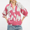Umgee Peony Illustration Print Flounce Sleeve Blouse - ROSE