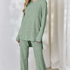 Basic Bae Full Size Ribbed High-Low Top and Wide Leg Pants Set - Light Green