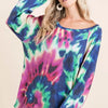 BiBi Tie Dye Print Terry Top with Puff Sleeves - FUCHSIA/DENIM