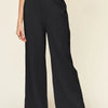 Double Take Full Size Texture Smocked Waist Wide Leg Pants - Black