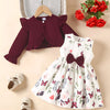 Children's Bow Dress & Ruffle Trim Cardigan Set - Burgundy