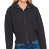 Zenana Ribbed Collared Zip Up Sweater Cardigan - BLACK