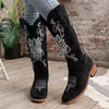 Embroidered Block Heels Boots - Black
