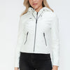 Snobbish Faux Leather Zip Up Drawstring Hooded Jacket - White