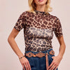 BiBi High Neck Leopard Mesh Short Sleeves Top - LEOPARD