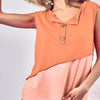 BiBi Color Block Contrast Stitching Buttoned Henley Top - APRICOT/PEACH