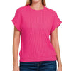Zenana Round Neck Banded Botton Short Sleeve Sweater - FUCHSIA