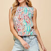 Lime 'N' Chili Full Size Graphic Print Ruffle Trim Mock Neck Sleeveless Top Plus Size - LT GREY