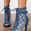 Distressed Denim Lace-Up Peep Toe Ankle Boots - Peacock Blue