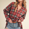 Aemi + Co Side Slit High-Low Plaid Long Sleeve Polo Shirt - Scarlet