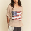 Davi & Dani Sequin American Flag Patch Short Sleeve Knit Top - TAUPE