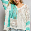 POL Color-Blocked Stripe Pattern Knit Top with Twisted Weave - AQUA