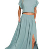 Zenana Heavy Woven Span Crop Tee & Skirt Set - BLUE GREY