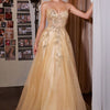 Ladivine C177 Floral Lace Applique A-Line Glitter Tulle Gown - Gold