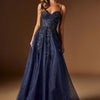Ladivine C177 Floral Lace Applique A-Line Glitter Tulle Gown - Navy Blue