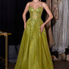 Ladivine C177 Floral Lace Applique A-Line Glitter Tulle Gown - Olive Green