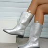 Embroidered Block Heels Boots - Silver