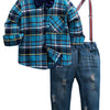 Children's Plaid Shirt & Distressed Jeans with Suspenders Set - Dark Navy