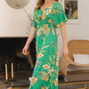 ODDI Full Size Floral Smocked Tied Back Maxi Dress - Green Multi