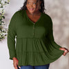 Double Take Half Button Long Sleeve Ruffle Hem Blouse - Army Green
