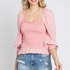 GeeGee Full Size Ruffled Smocked Frill Square Neck Top Plus Size - Blush Pink