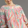 Umgee Full Size Mixed Print Lace Trim Top Plus Size - Blush Pink